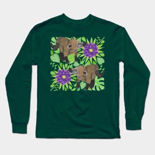 Coatimundi with Palm Leaves Philodendron Gloriosum Leaves and Purple Dahlias Long Sleeve T-Shirt